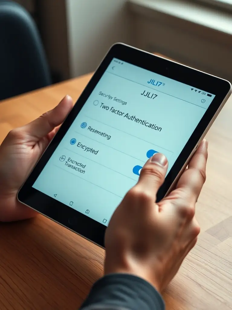 A close-up of the JILI7 app's security settings screen on a tablet, emphasizing features like two-factor authentication and encrypted transactions to ensure user data protection.