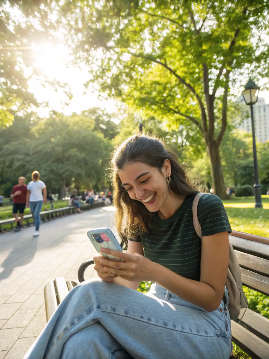 A person happily playing a JILI7 fishing game on their smartphone while relaxing outdoors, illustrating the convenience and accessibility of mobile gaming.